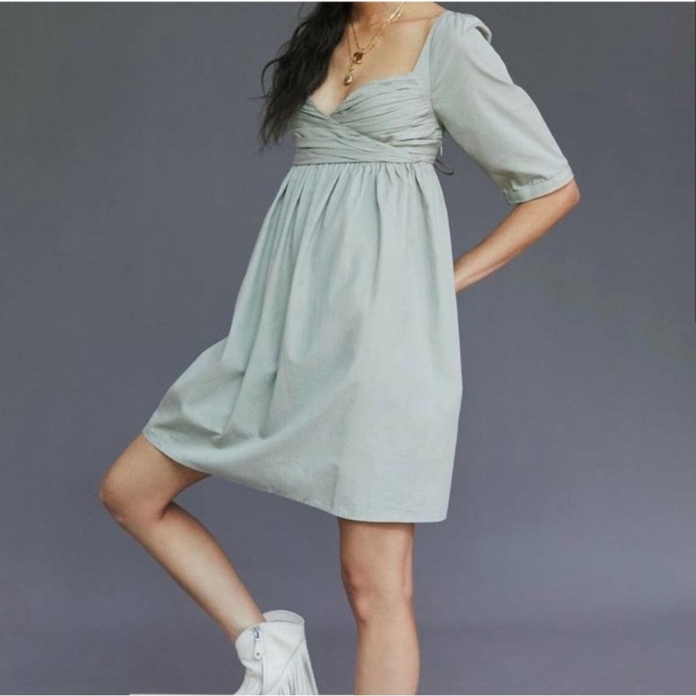 Anthropologie RUCHED PUFF-SLEEVED BABYDOLL MINI DRESS